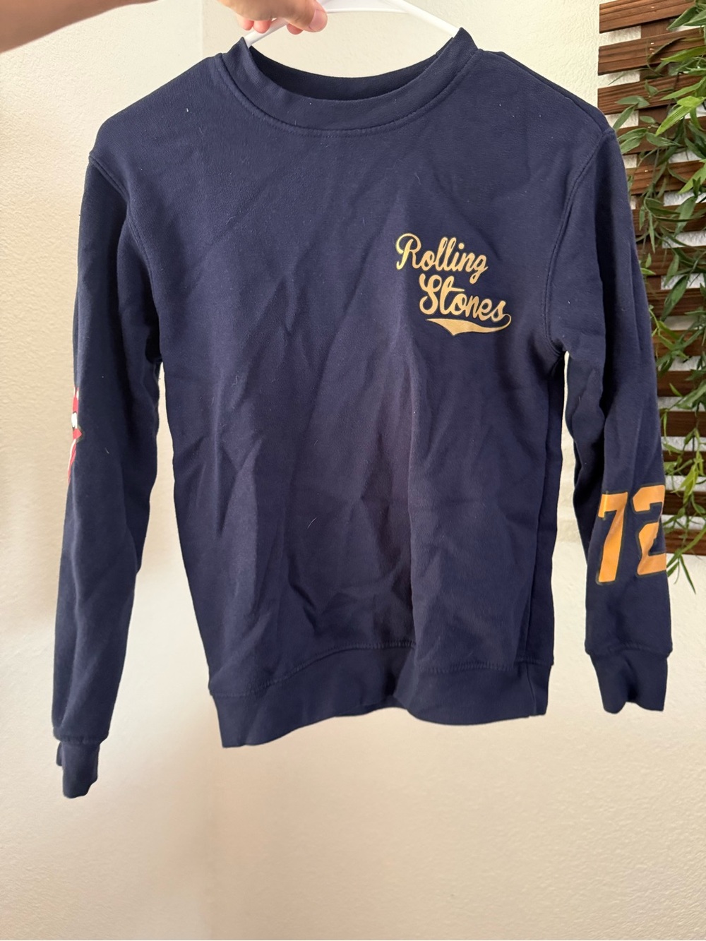 the Rolling Stones Navy Sweatshirt with Gold Script and Sleeve '72